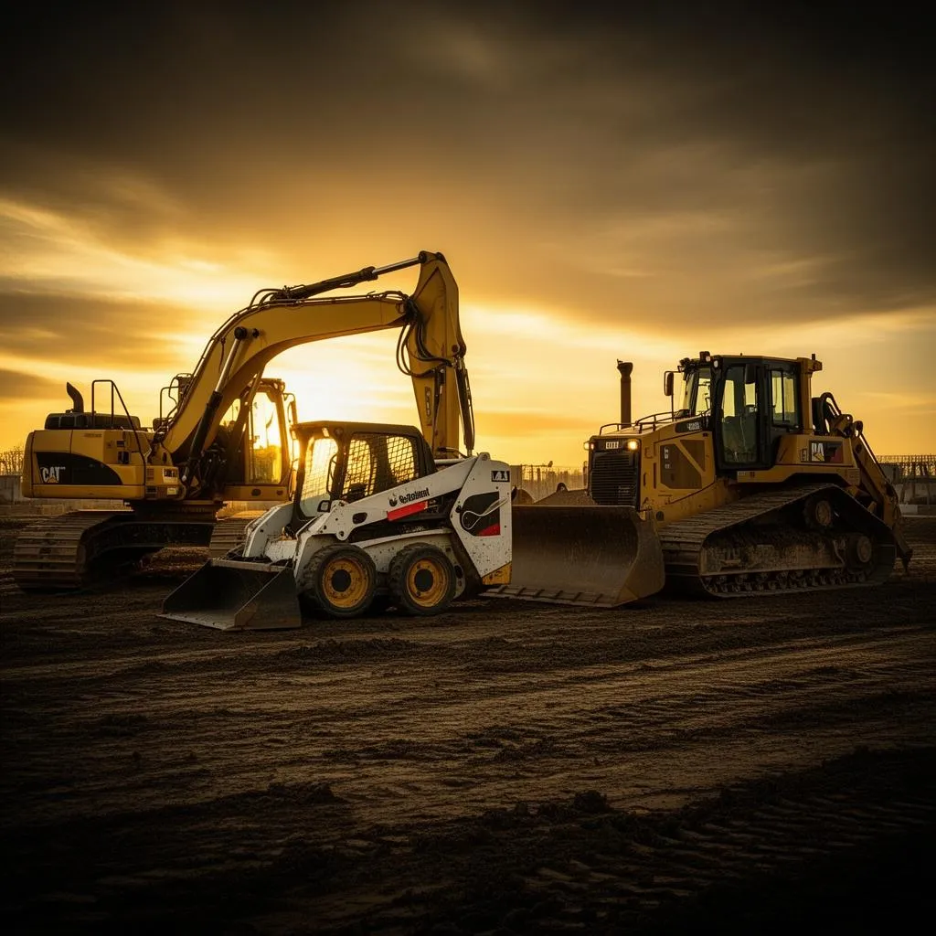 Construction equipment fleet at golden hour