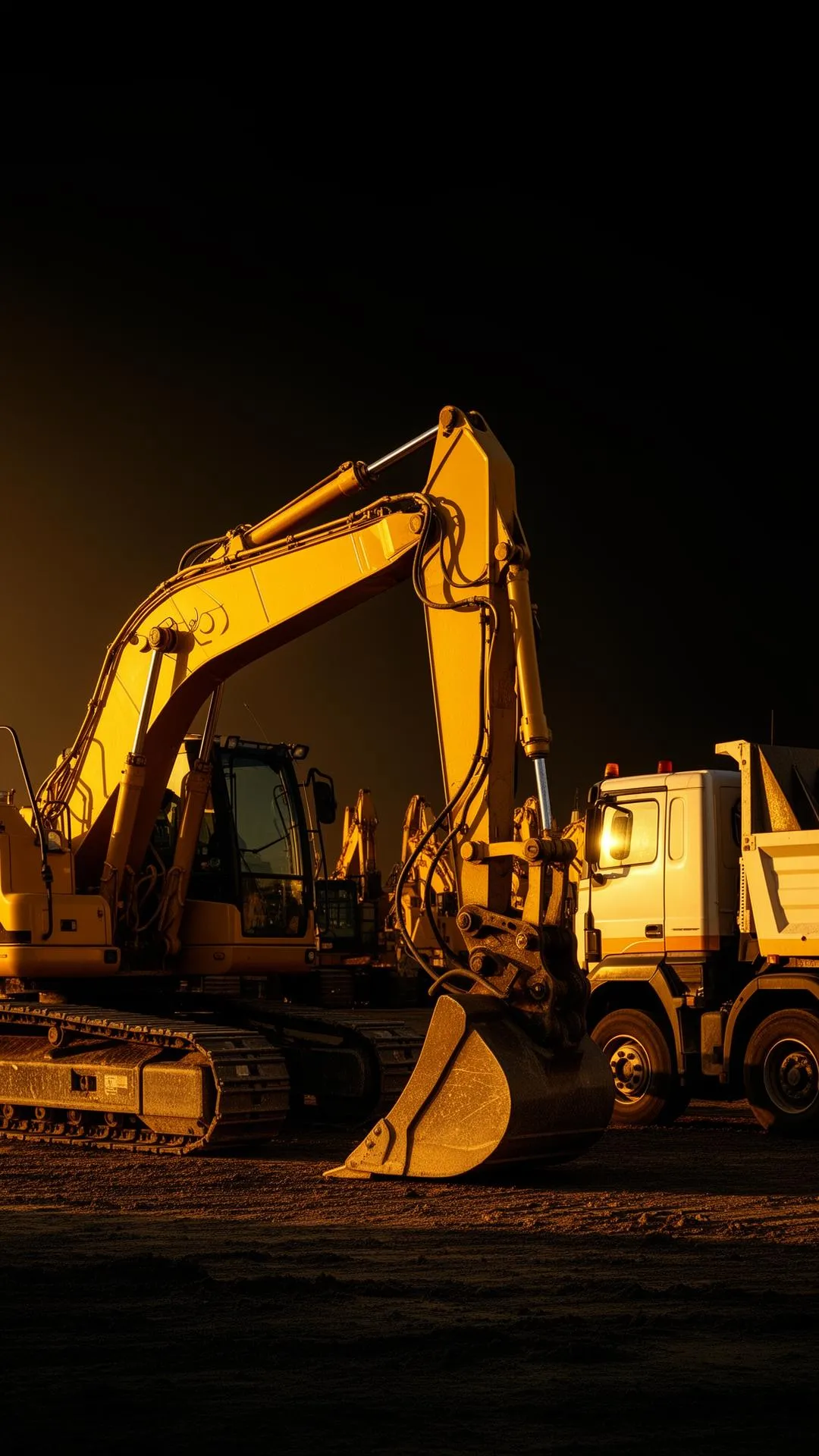 Excavator and work truck in an equipment yard at golden hour
